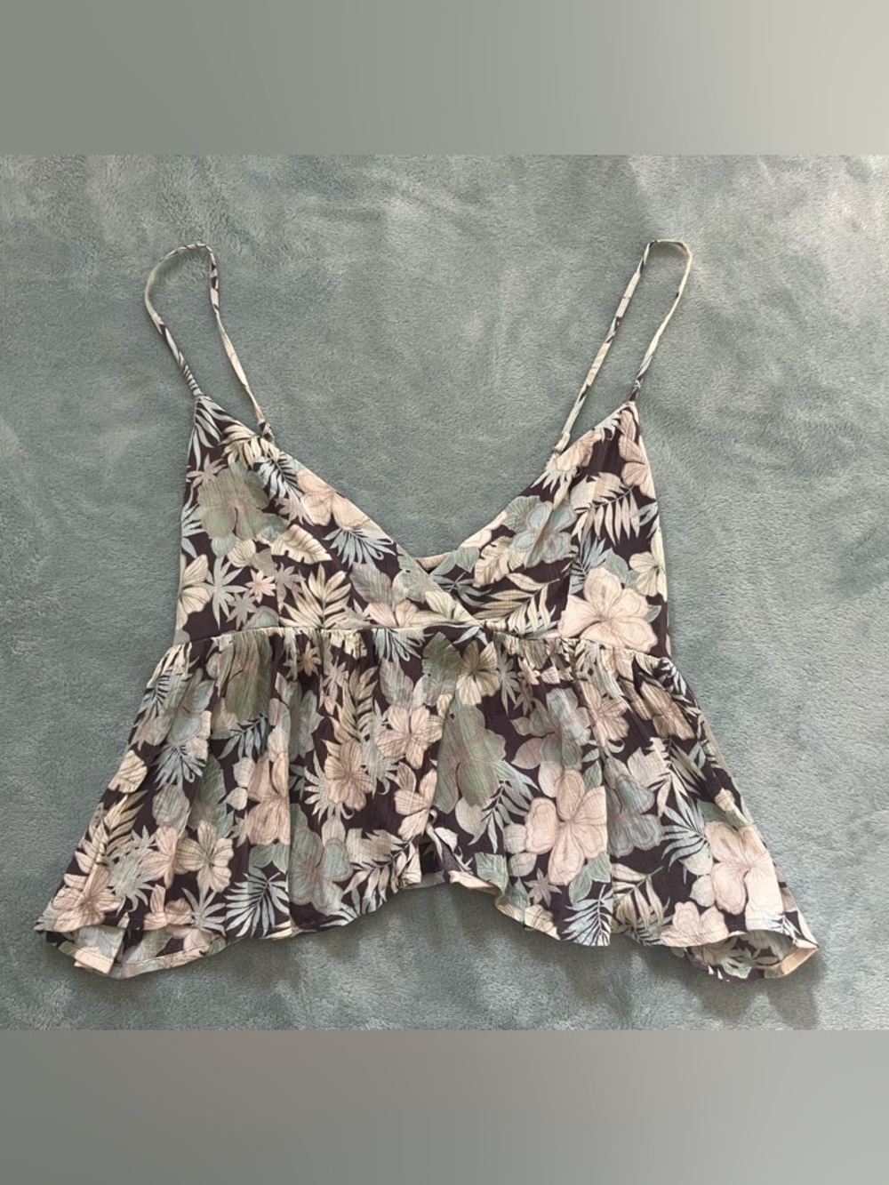 Volcom Floral V-Neck Peplum Cami in Black with Blush and Sage